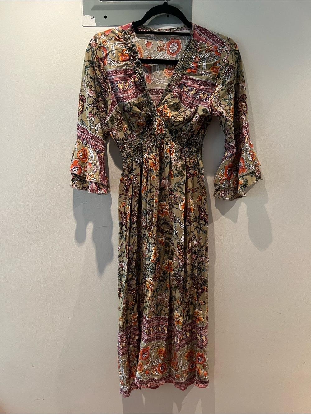Seven Islands | Floral Boho Midi Dress in Olive with Smocked Waist | Size L